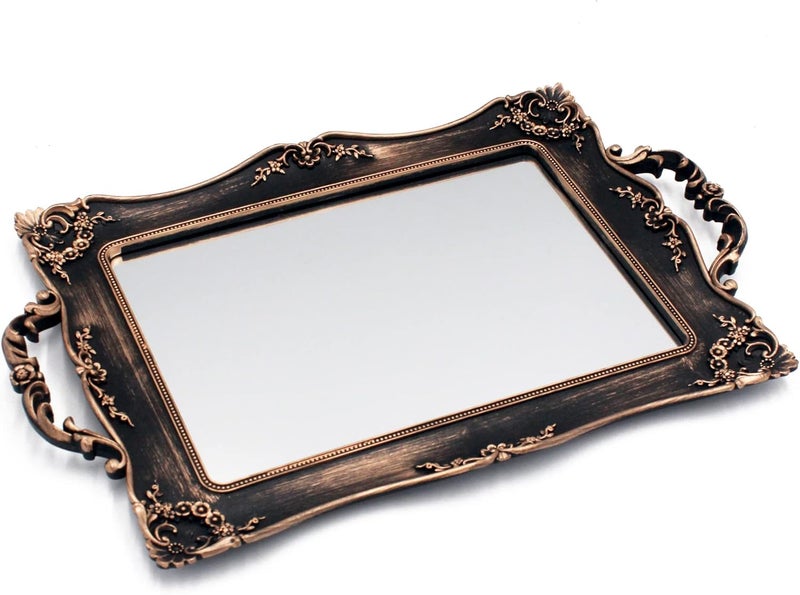Tstarer Antique Decorative Gold Framed Square Mirror Tray, Jewelry & Cosmetics Organizer for Dresser, Square - 9.5" W x 14.5" L (Bronze) - Image 1